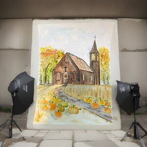 Original Watercolor Painting 9x12 Country Church Fall Pumpkins